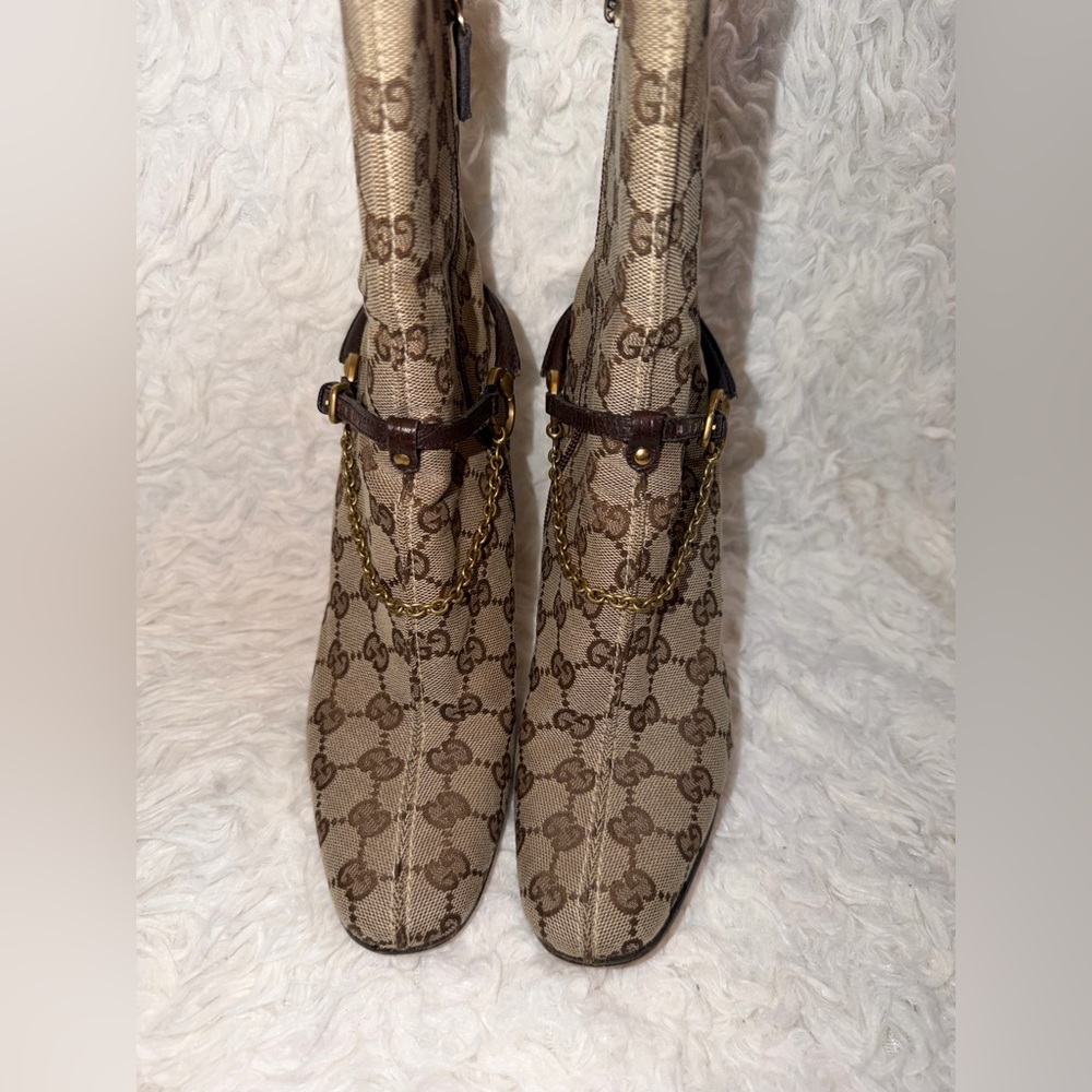Vintage Gucci GG Monogram Horsebit Harness Ankle High Heeled Beige Canvas Boots - Picture 9 of 15